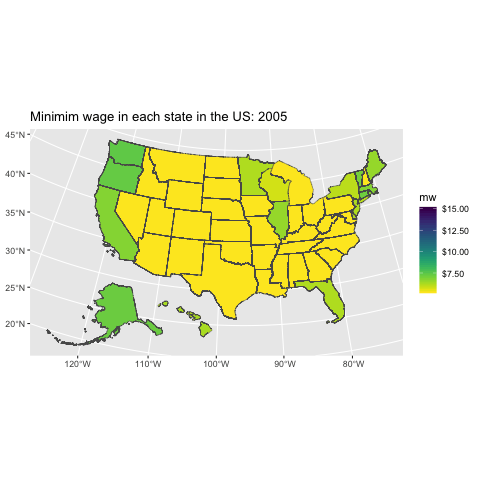 The following gif shows how the minimum wages at the state level changed over the years from 2005 to 2021.